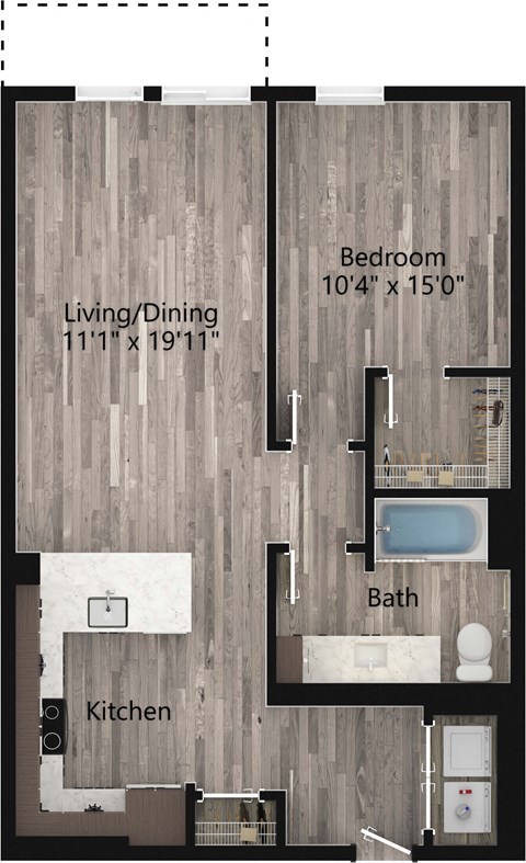 Floor plan for 1 bed, 1 bath, 787 sqft